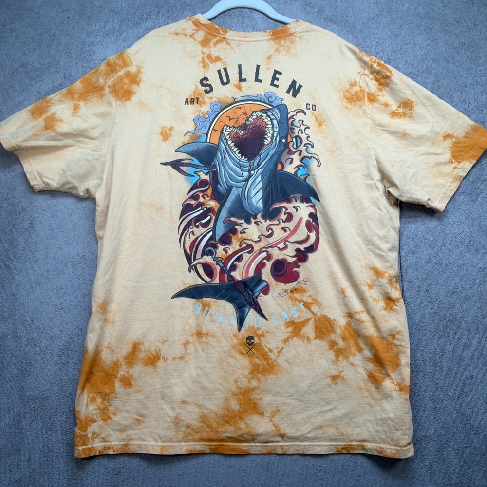 sullen art collective Men's‎ Orange Tie Dyed Shark Print T Shirt 2XL